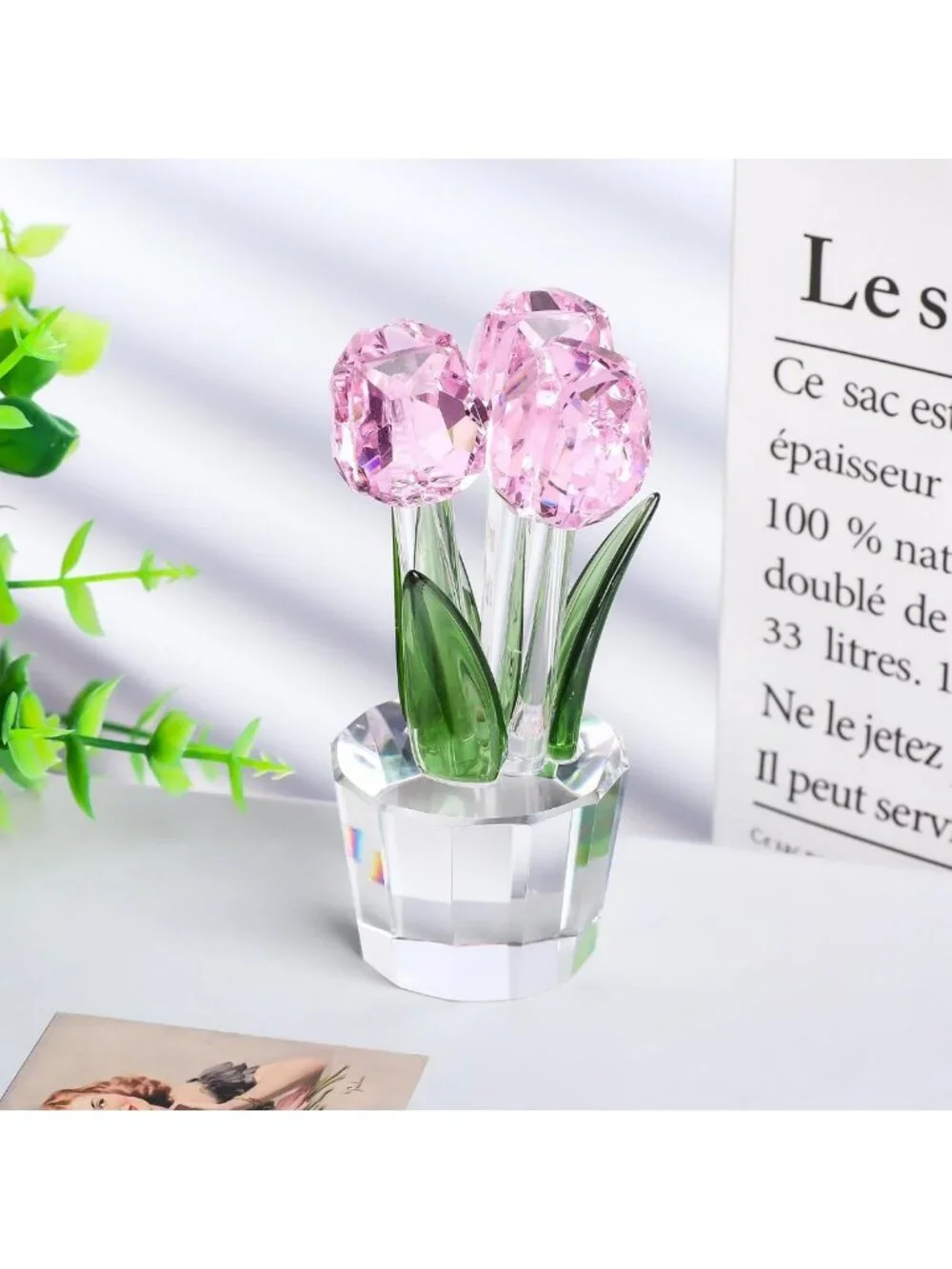 Elegant Pink Crystal Tulip Figurine with Vase - Collectible Glass Flower Decor